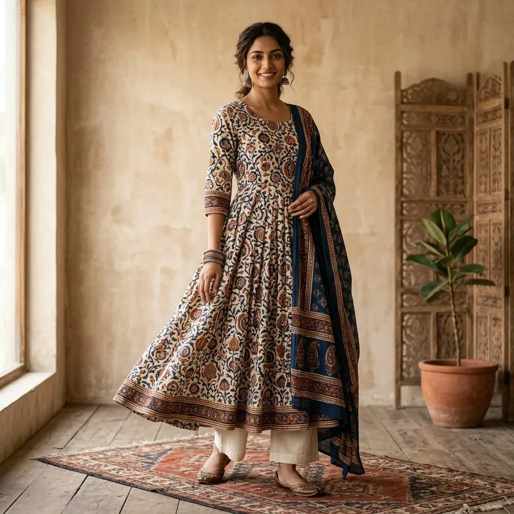Hand-Block Printed Cotton Anarkali Kurti